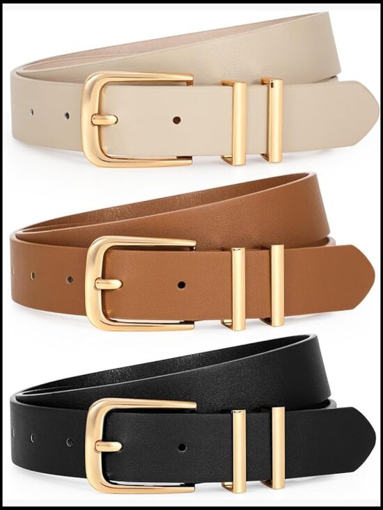 3 Pack Women\'s Faux Leather Belts with Gold Buckle for Jeans and Dress Pants